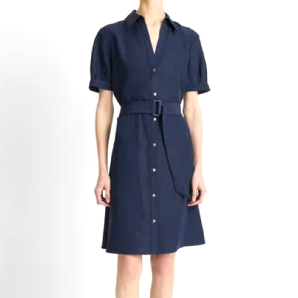 Vince Cuffed-Sleeve Belted Shirt Dress Dark Blue Large Medium Shirt Sleeve $448